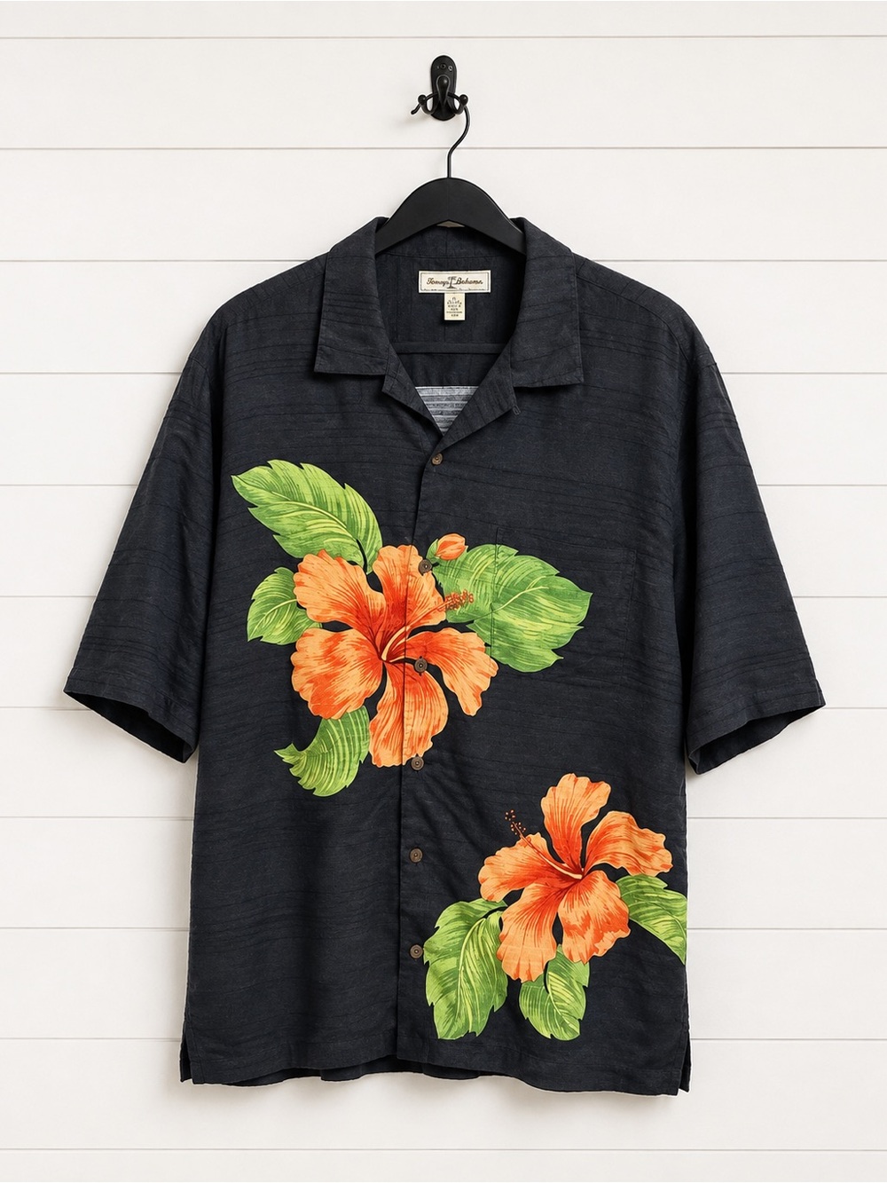 Tommy Bahama Black Shirt with Orange Hibiscus and Green Leaves